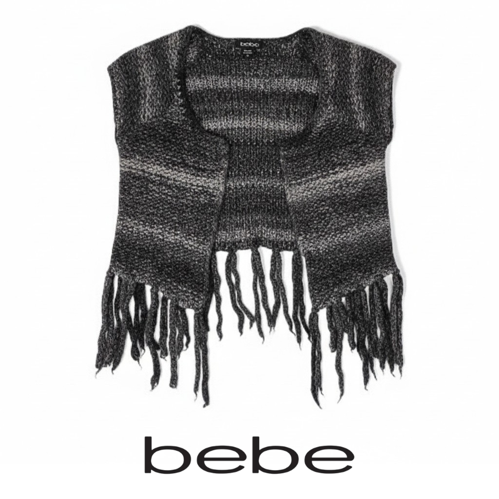 bebe - Cropped Charcoal Melange Open-Front Knit Bolero Vest w/Fringe